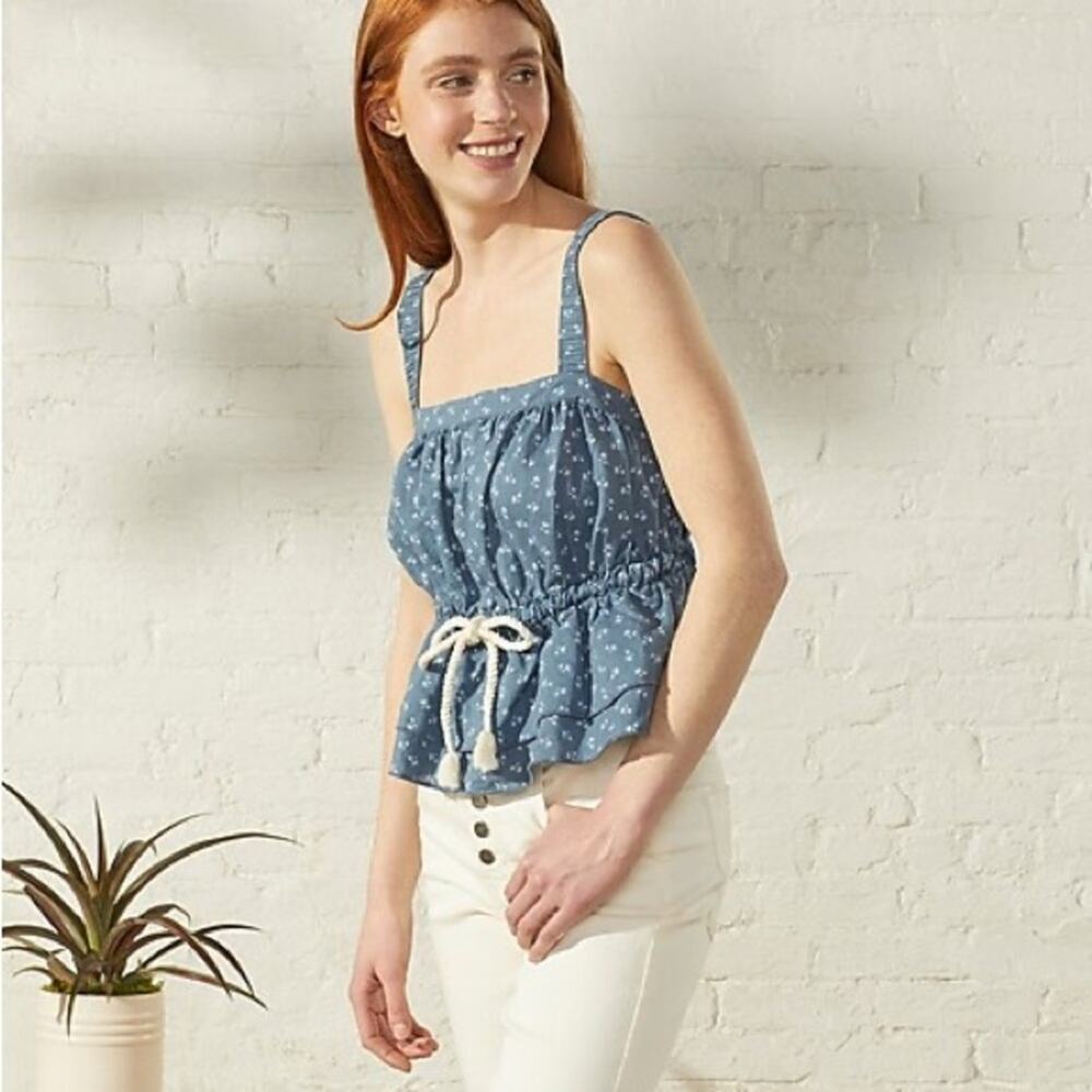 UpWest Cotton Lenin Denim Floral Drawstring Tank Women Sz M